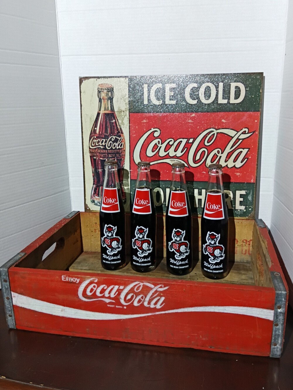 Vintage Coca-Cola Crate NC State Wolfpack 1983 Championship Bottles Set